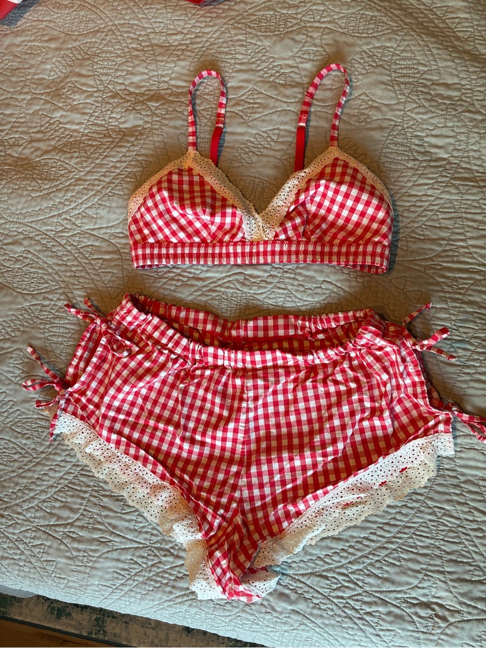 Colsie Red Gingham Lace-Trim Bralette & Shorts Sleep Set - Picture 1 of 3